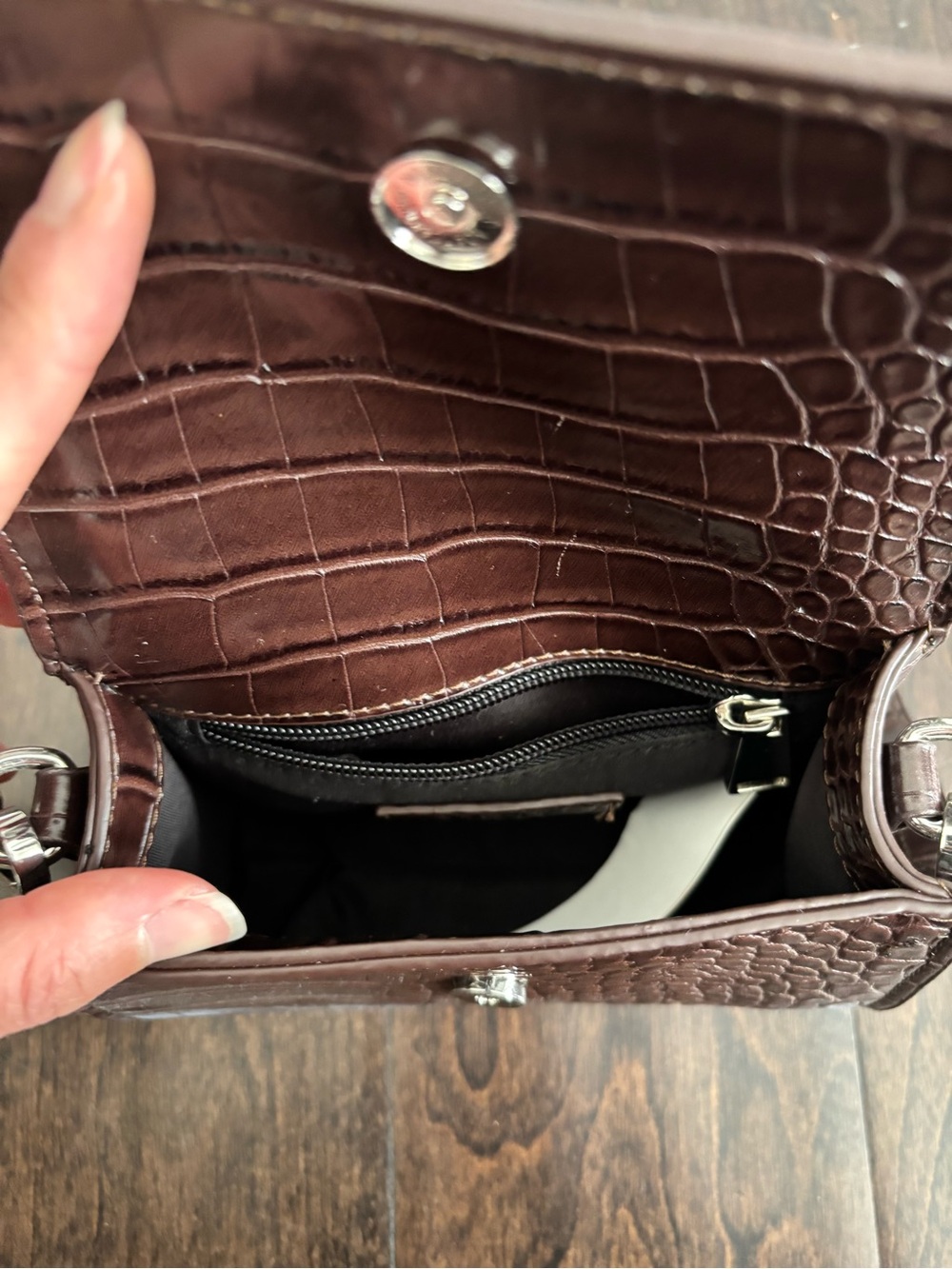 Zara Croc-Embossed Top-Handle Satchel in Dark Brown - Picture 6 of 9